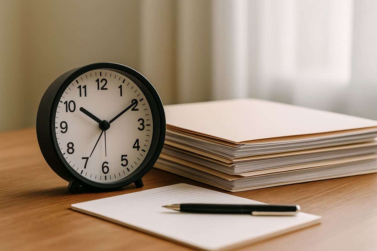 Clock on a wooden desk next to stacked file folders and a notepad, symbolizing the importance of timely action in clearing criminal records after dismissal.